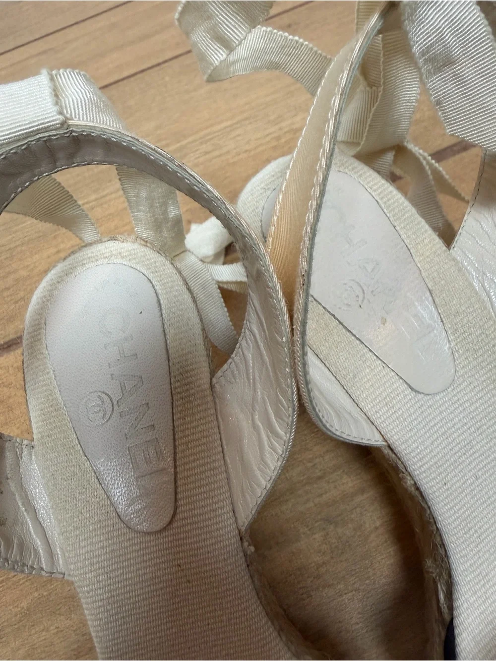 Chanel Cream and Black Camellia Flower Espadrille Wedges Ballerina Ribbon Ties